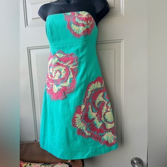 Lilly Pulitzer Bowen Lagoon Green Comb Get It Embroidered Strapless Dress Sz 2 - Picture 15 of 15